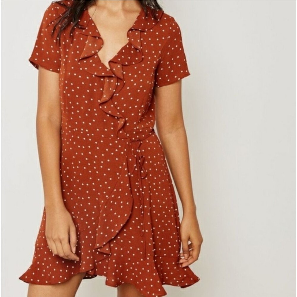 Ruffled Wrap Dress Mini White Poka Dot Burnt Orange Girly Glam Date Night Size M